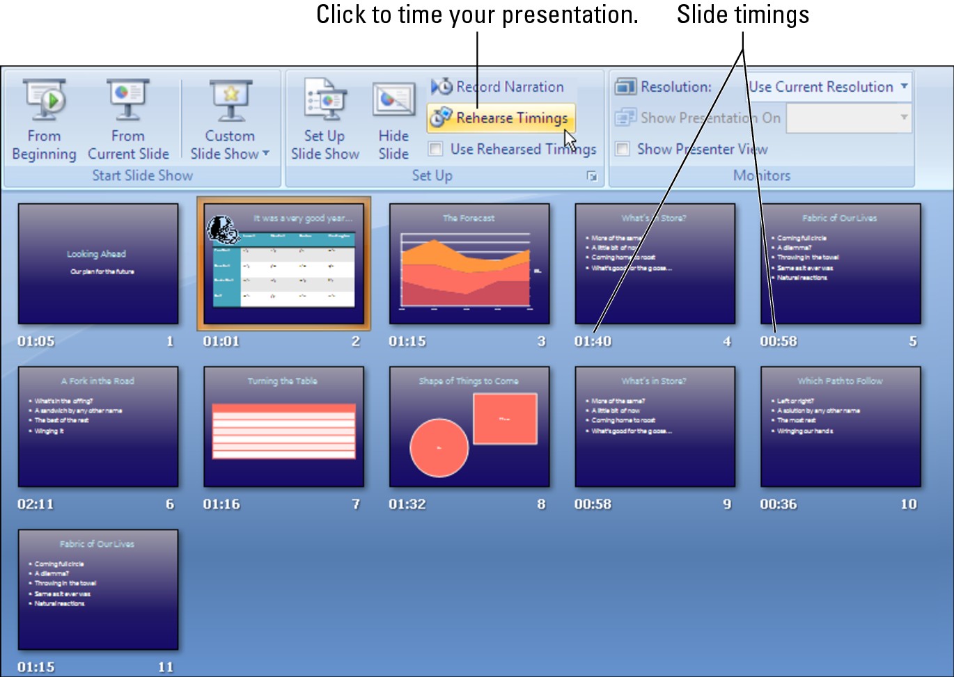 Figure 1-1: You can record how long each slide is on-screen during a rehearsal.